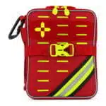 Red soft-shell first aid kit, closed three-quarter view with a hi-vis yellow cross, MOLLE slots and reflective stripe