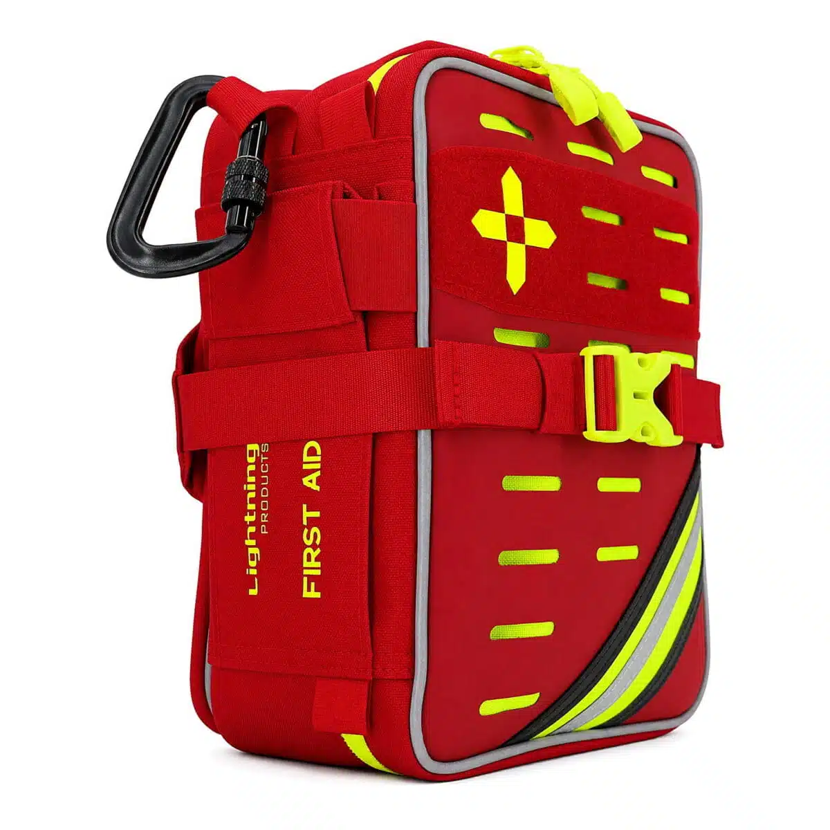 Red soft-shell first aid kit, closed and angled, with the hi-vis yellow cross, laser-cut MOLLE slots and reflective stripe