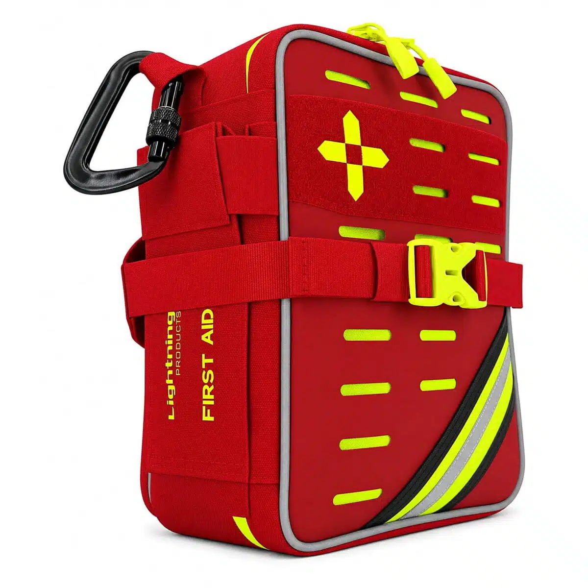 Red soft-shell first aid kit, angled to reveal the side panel, with a hi-vis cross, MOLLE slots and reflective stripe