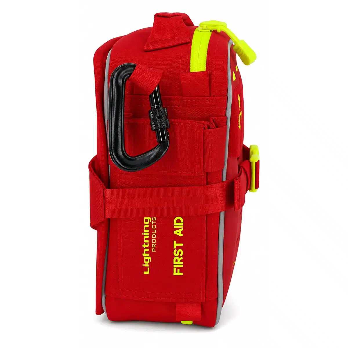 Red soft-shell first aid kit, side-profile view with the FIRST AID KIT print, carry handle, hi-vis zipper and MOLLE webbing