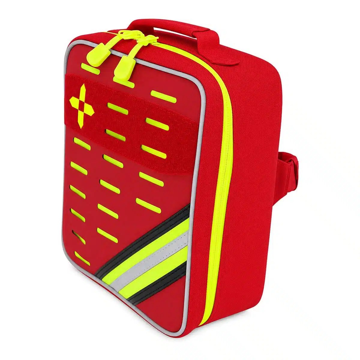 Red soft-shell first aid kit, closed front-on with a hi-vis yellow cross, rows of MOLLE slots and a reflective stripe