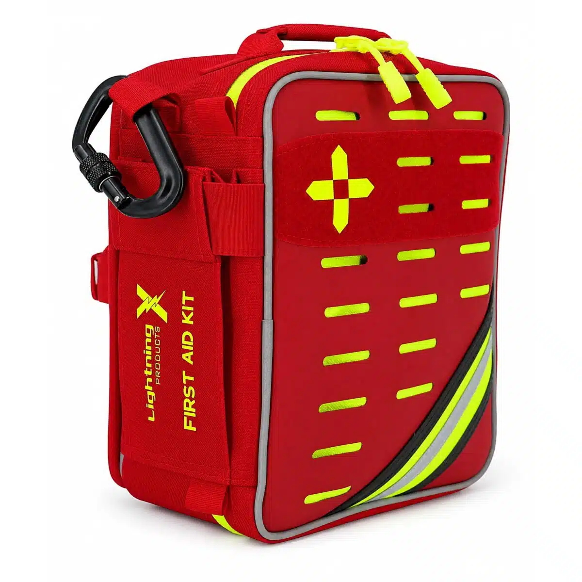 Red soft-shell first aid kit, three-quarter view showing the FIRST AID KIT side print, hi-vis cross and MOLLE slots