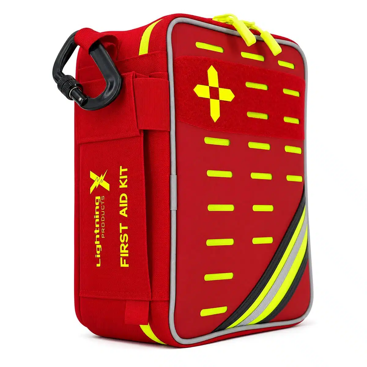 Red soft-shell first aid kit, closed at an angle with a hi-vis yellow cross, MOLLE webbing and reflective stripe