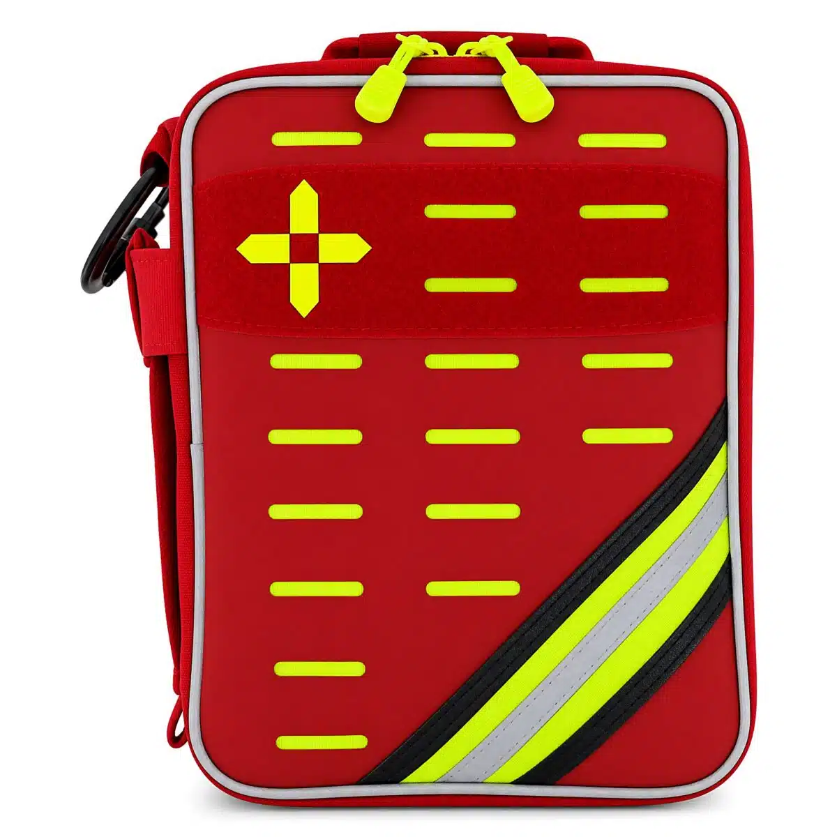 Red soft-shell first aid kit, near front-on with a bold hi-vis yellow cross, MOLLE slots and reflective stripe