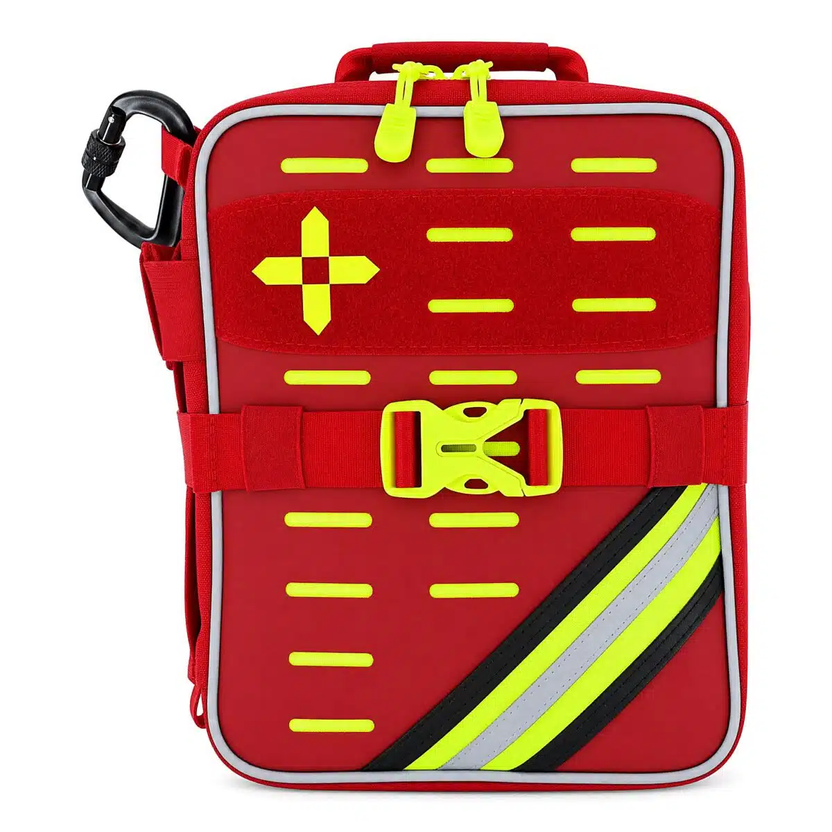 Red soft-shell first aid kit, closed three-quarter with hi-vis cross, laser-cut MOLLE slots and reflective stripe
