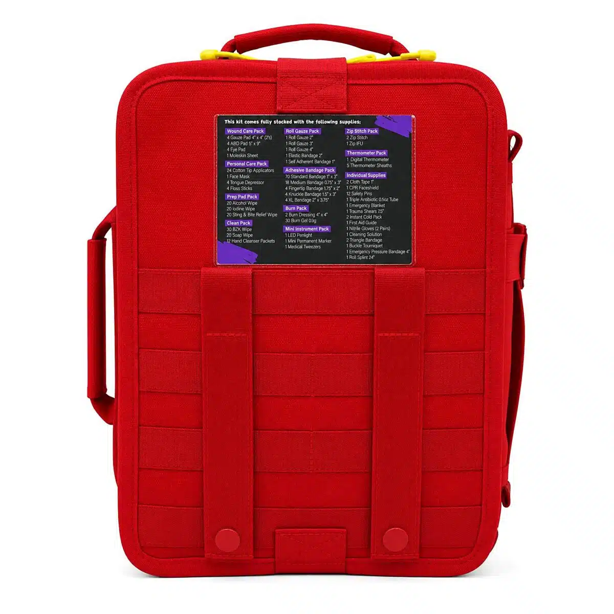 Back of a red soft-shell first aid kit with MOLLE webbing, a carry handle and a printed contents card
