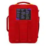 Back of a red soft-shell first aid kit with MOLLE webbing, a carry handle and a printed contents card