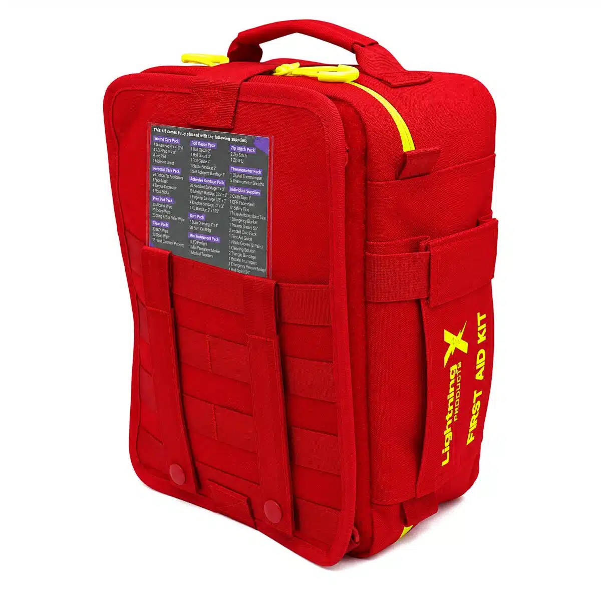 Red soft-shell first aid kit, angled back showing the printed contents card and the FIRST AID KIT side print