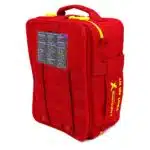 Red soft-shell first aid kit, angled back showing the printed contents card and the FIRST AID KIT side print