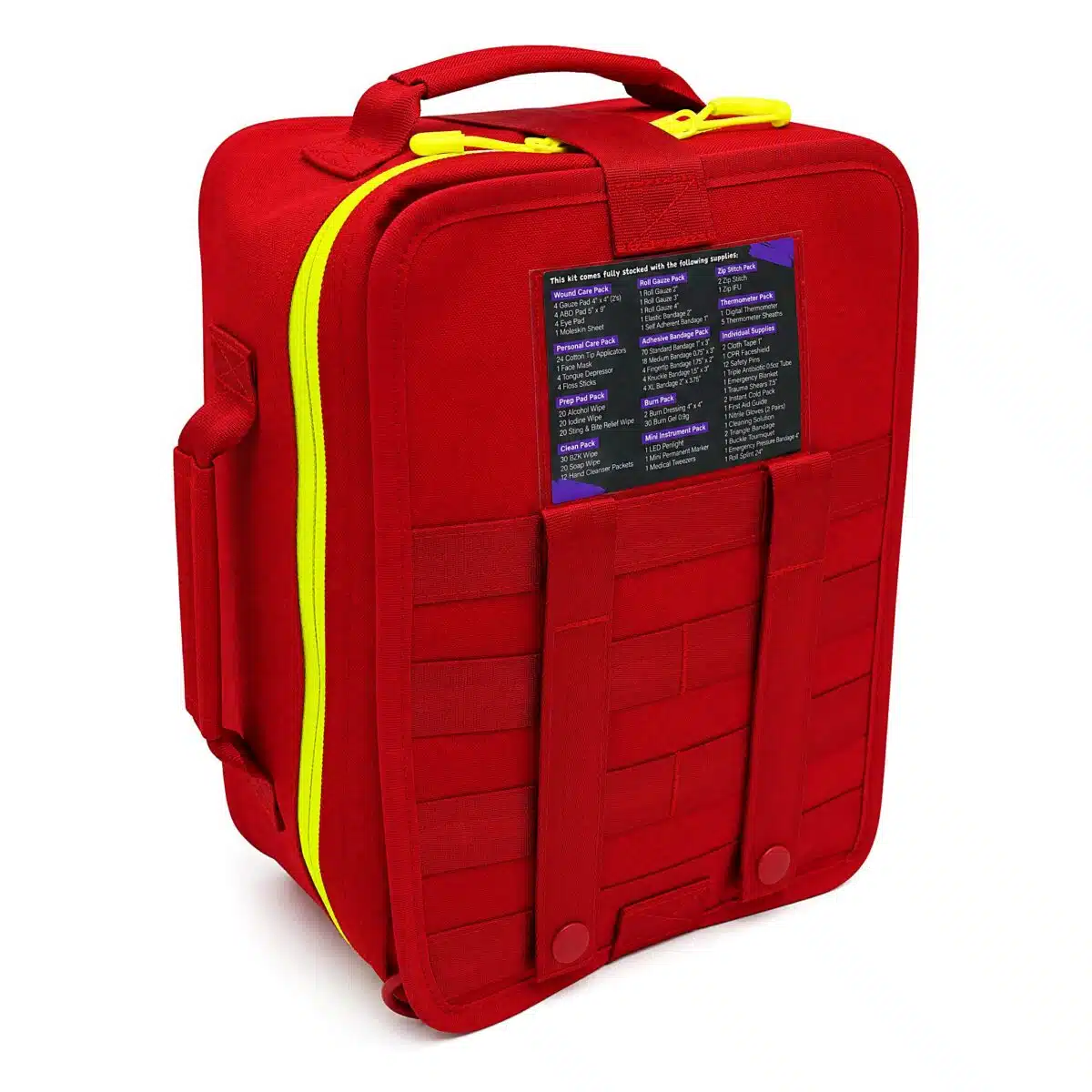 Red soft-shell first aid kit, angled back showing the side gusset, carry handle, MOLLE webbing and contents card