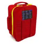 Red soft-shell first aid kit, angled back showing the side gusset, carry handle, MOLLE webbing and contents card