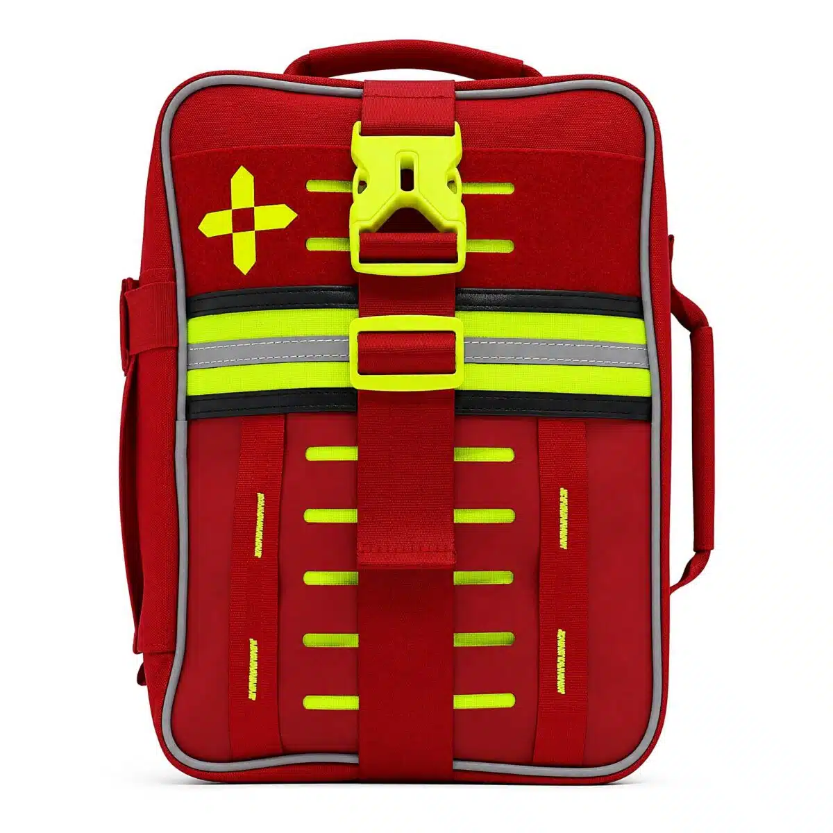 Red soft-shell first aid kit, closed three-quarter view with a hi-vis yellow cross, MOLLE slots and reflective stripe