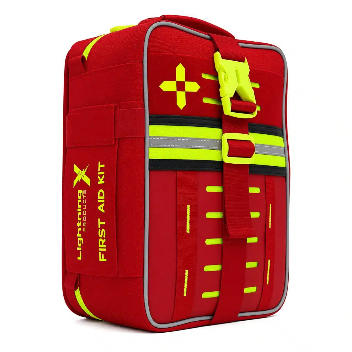Red soft-shell first aid kit, closed front-on with a bold hi-vis yellow cross, rows of MOLLE slots and reflective stripe