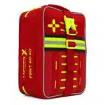 Red soft-shell first aid kit, closed front-on with a bold hi-vis yellow cross, rows of MOLLE slots and reflective stripe
