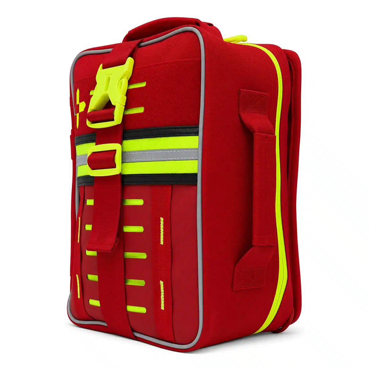 Red soft-shell first aid kit, angled to show the side panel, with a hi-vis cross, MOLLE slots and reflective stripe