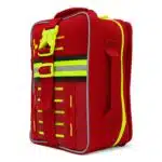 Red soft-shell first aid kit, angled to show the side panel, with a hi-vis cross, MOLLE slots and reflective stripe