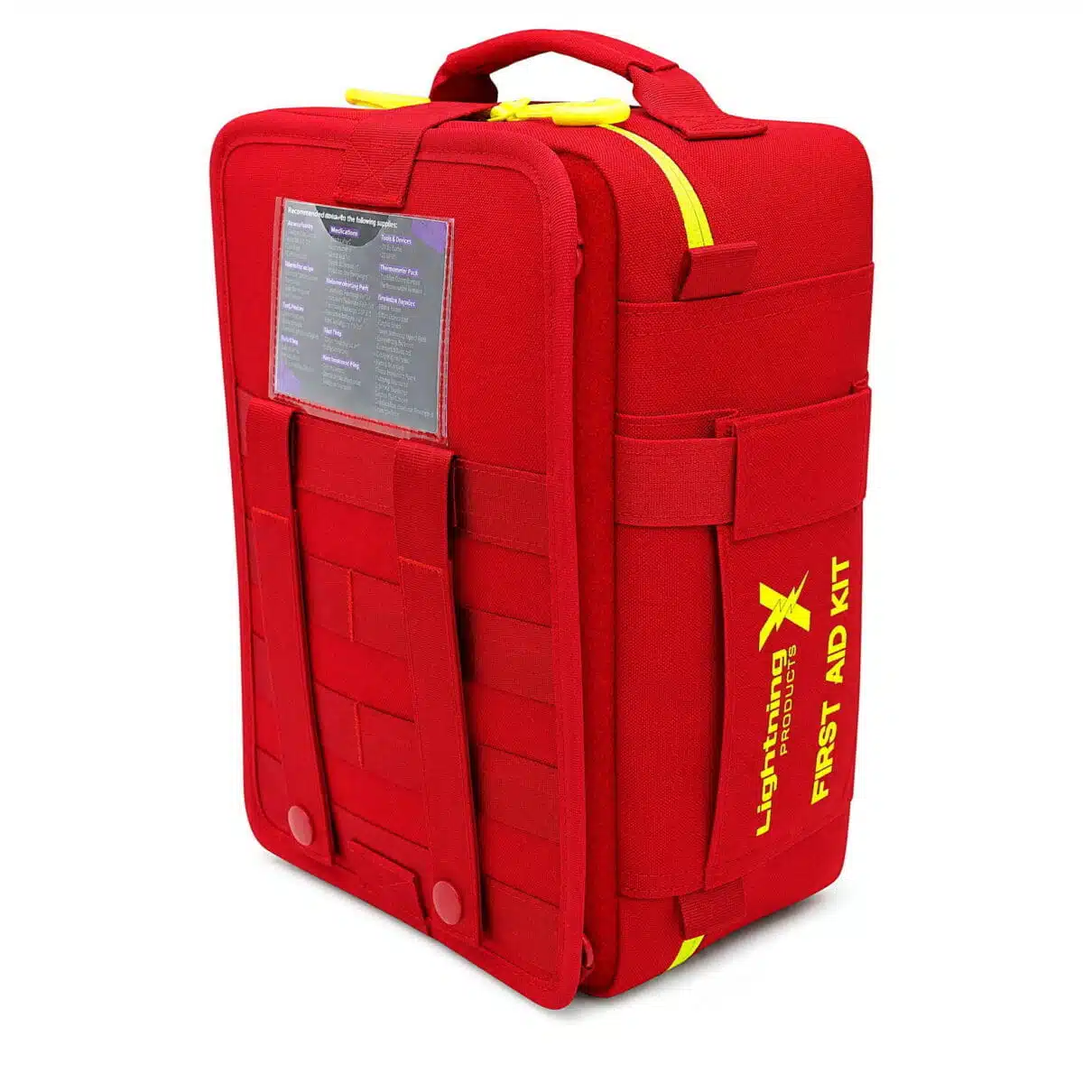 Red soft-shell first aid kit, side-profile view with the FIRST AID KIT print, carry handle, hi-vis zipper and MOLLE webbing