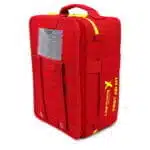 Red soft-shell first aid kit, side-profile view with the FIRST AID KIT print, carry handle, hi-vis zipper and MOLLE webbing