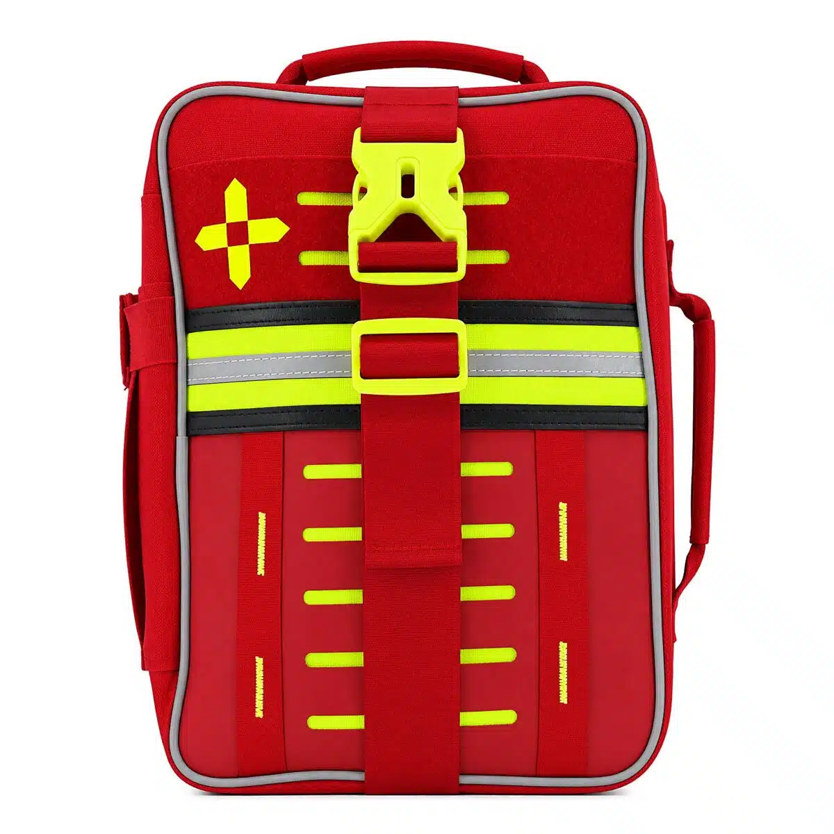Red soft-shell first aid kit, closed front-on with a hi-vis yellow cross, laser-cut MOLLE slots and reflective stripe