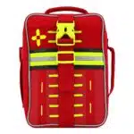 Red soft-shell first aid kit, closed front-on with a hi-vis yellow cross, laser-cut MOLLE slots and reflective stripe