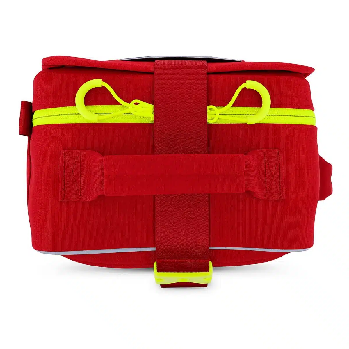 Red soft-shell first aid kit, angled side view showing the printed side panel, carry handle, hi-vis zipper and MOLLE