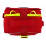 Red soft-shell first aid kit, angled side view showing the printed side panel, carry handle, hi-vis zipper and MOLLE