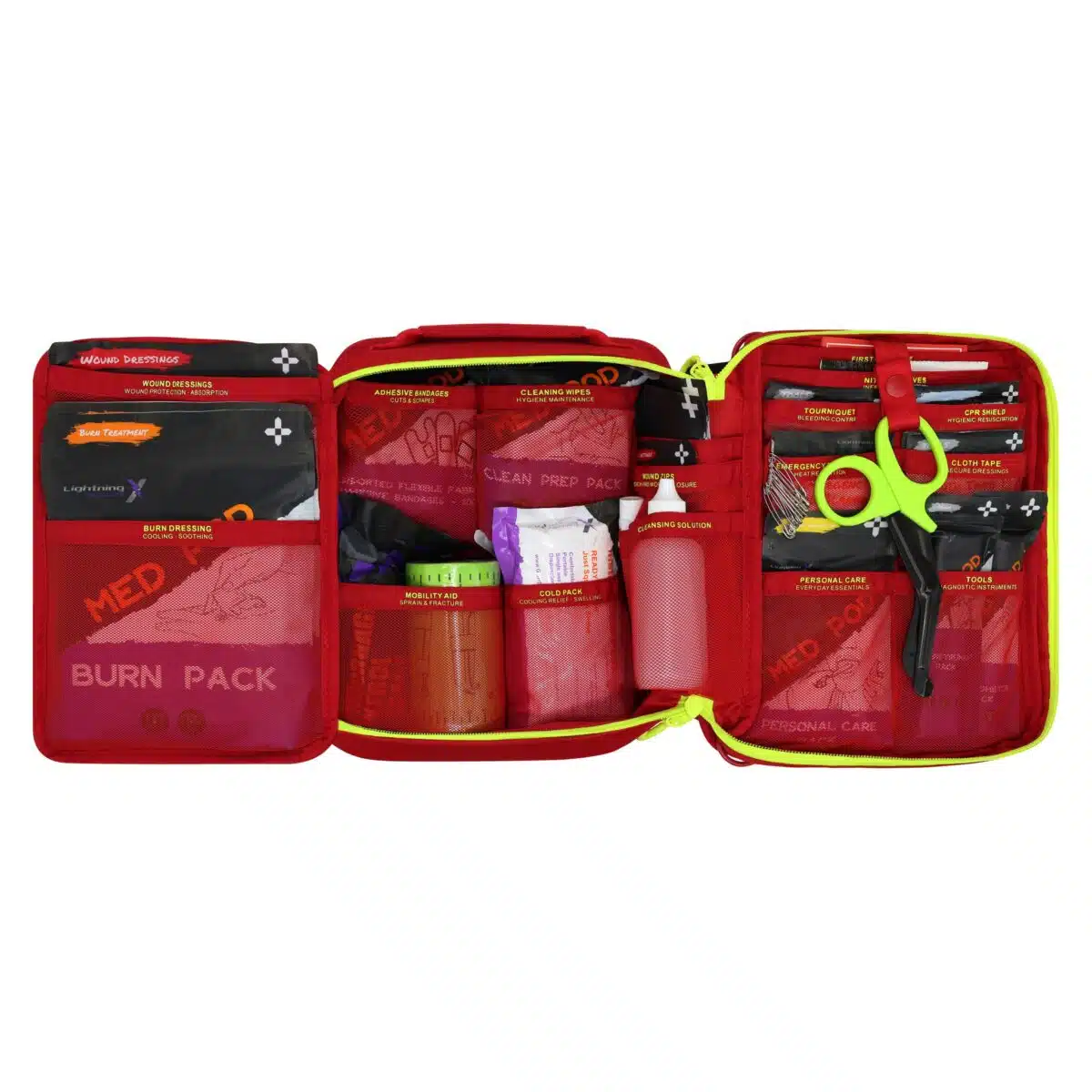 Red soft-shell first aid kit opened flat, showing organized medical supplies behind labeled mesh pockets