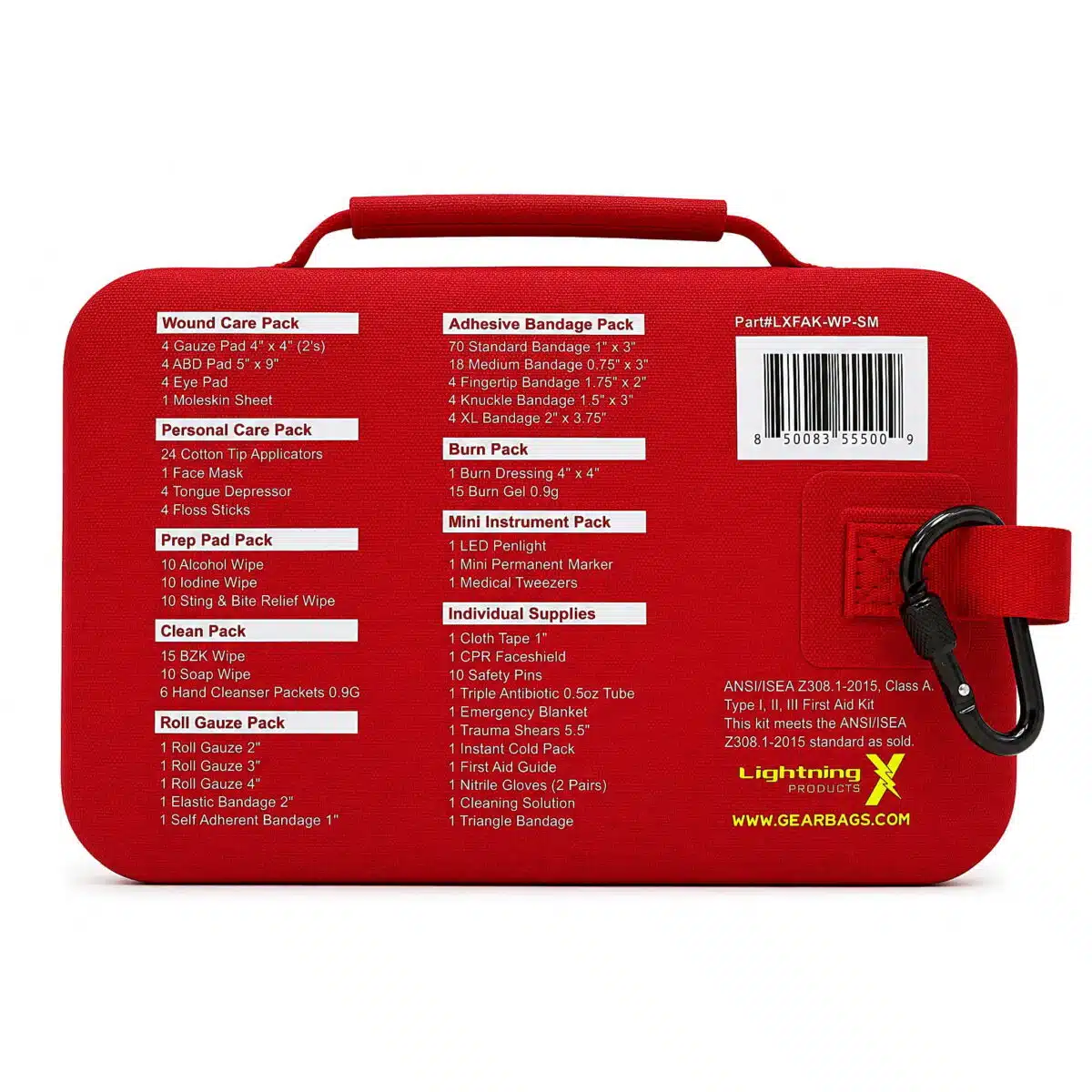 Back of a red waterproof first aid case showing the full printed contents list and ANSI compliance on the shell