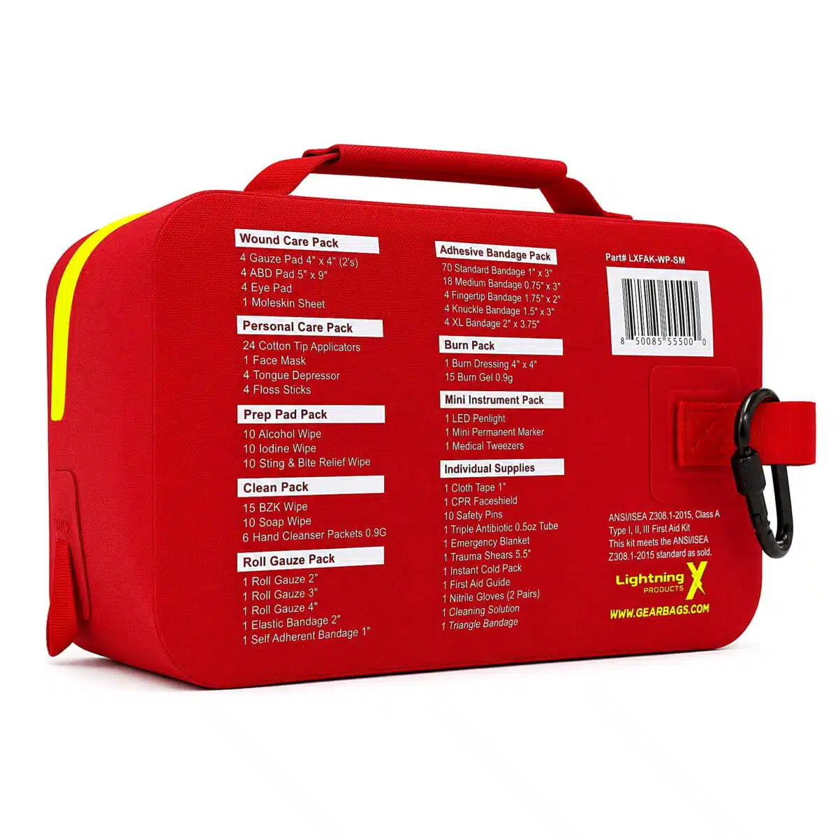 Red waterproof first aid case, angled back view showing the printed contents list and a black carabiner clip
