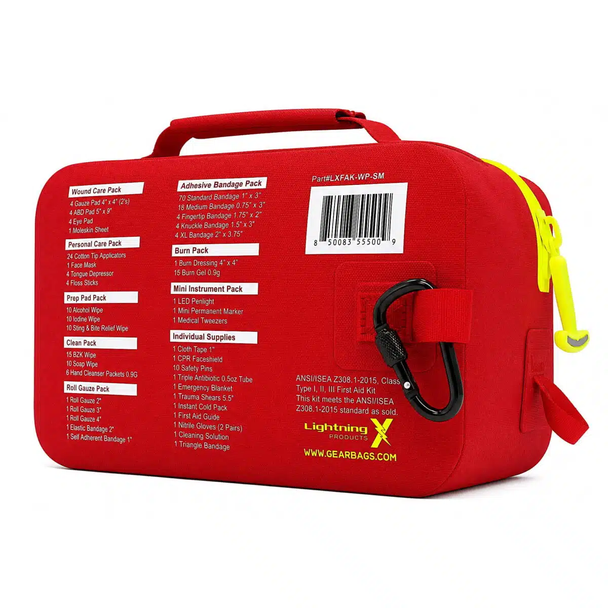 Red waterproof first aid case, three-quarter back view with the printed contents list and hi-vis yellow zipper