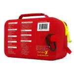 Red waterproof first aid case, three-quarter back view with the printed contents list and hi-vis yellow zipper