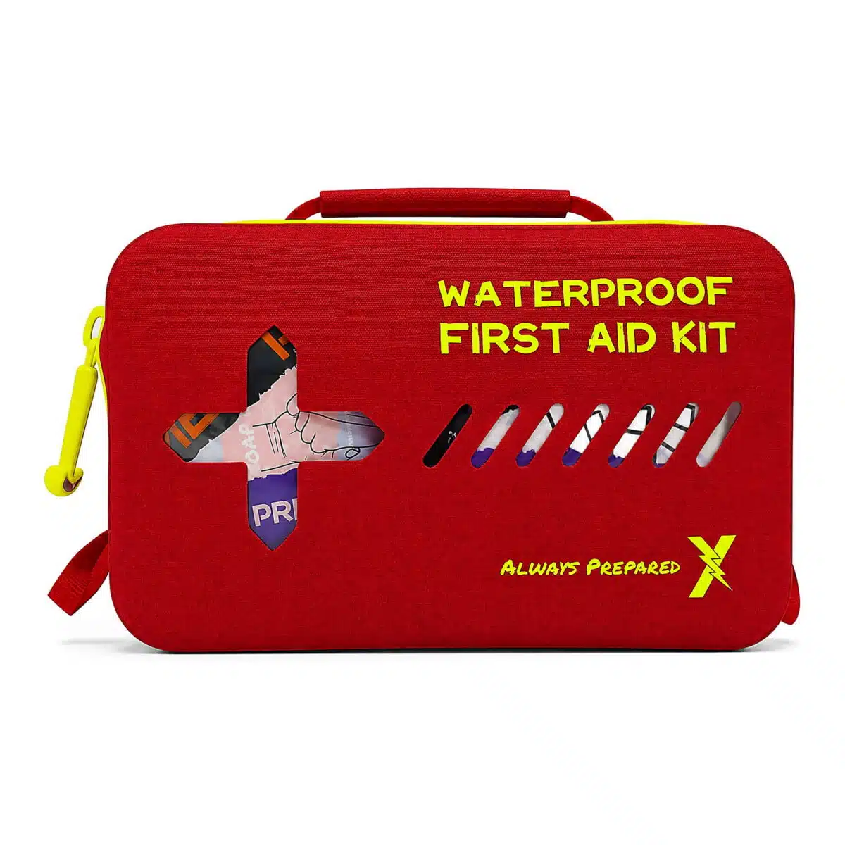 Red waterproof first aid case, closed, with hi-vis yellow “Waterproof First Aid Kit” print and a clear cross window