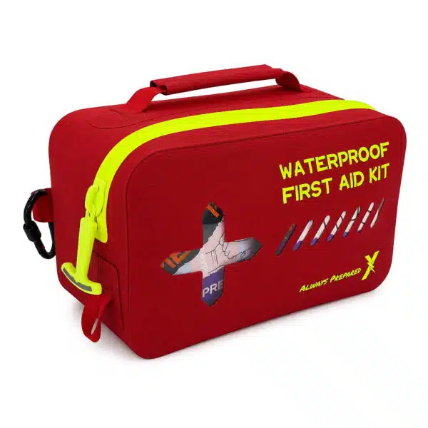 Red waterproof IPX7 first aid case at an angle, showing the molded shell, hi-vis yellow zipper and carabiner clip