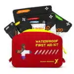 Red waterproof first aid kit shown open, revealing color-coded Med Pod supply packets behind a clear-window lid