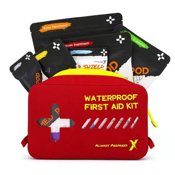 Red waterproof first aid kit shown open, revealing color-coded Med Pod supply packets behind a clear-window lid