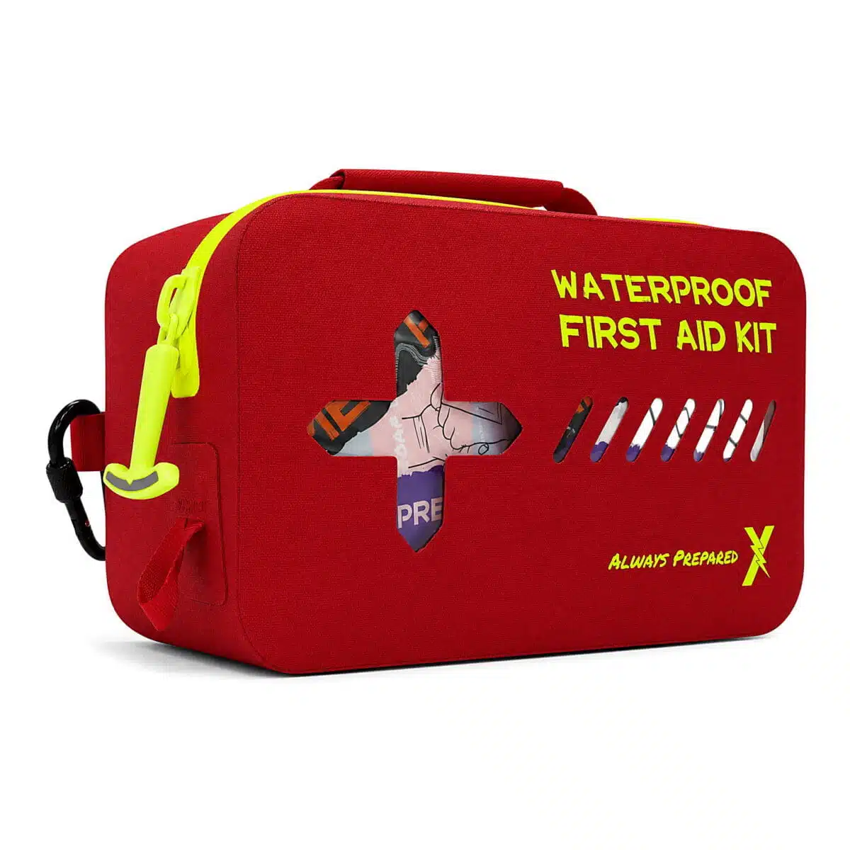 Red waterproof first aid case, angled view highlighting the hi-vis yellow reflective trim and molded IPX7 shell