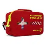 Red waterproof first aid case, angled view highlighting the hi-vis yellow reflective trim and molded IPX7 shell
