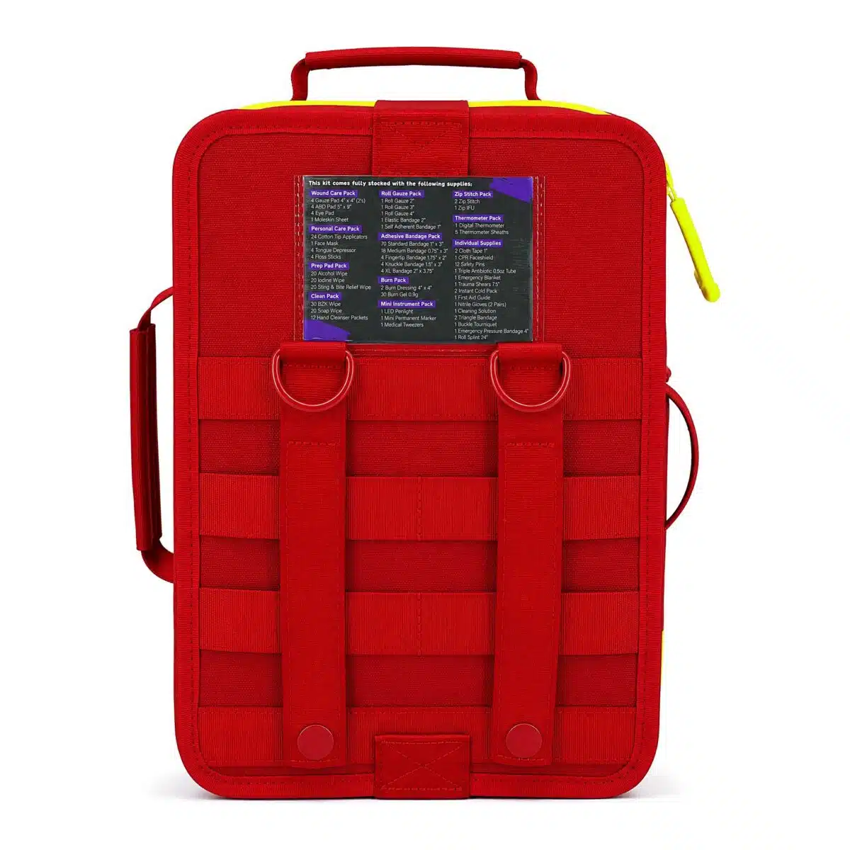Back of a red waterproof first aid case with the printed contents card, MOLLE webbing straps and D-rings