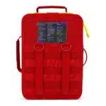 Back of a red waterproof first aid case with the printed contents card, MOLLE webbing straps and D-rings