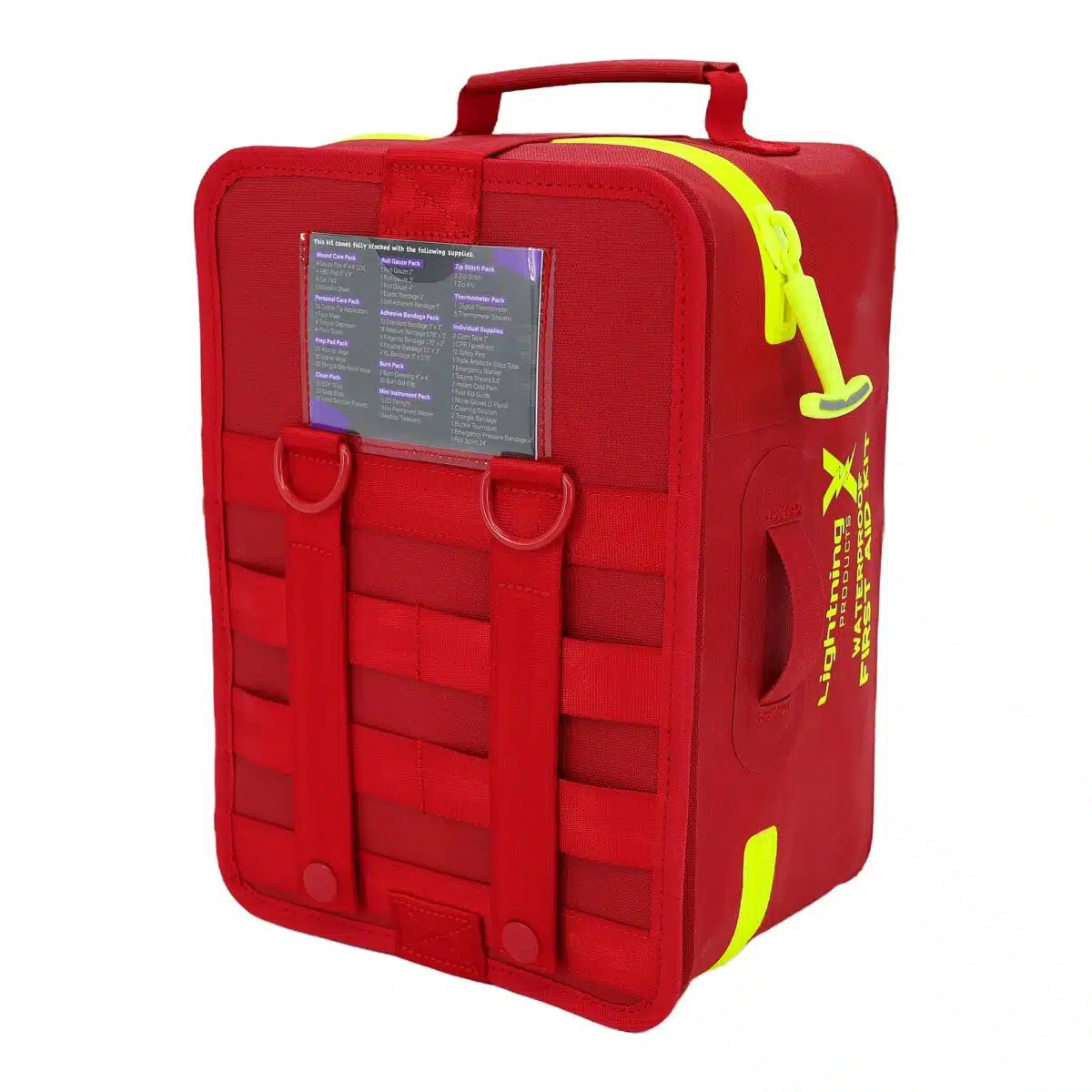 Red waterproof first aid case, angled back from the other side showing the printed contents card, MOLLE webbing and D-rings