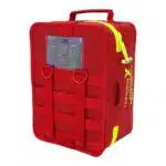 Red waterproof first aid case, angled back from the other side showing the printed contents card, MOLLE webbing and D-rings