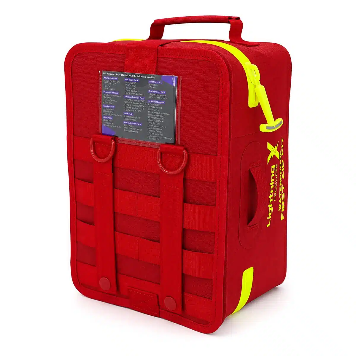 Red waterproof first aid case, three-quarter back view with the printed contents card, MOLLE webbing and hi-vis yellow zipper