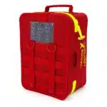 Red waterproof first aid case, three-quarter back view with the printed contents card, MOLLE webbing and hi-vis yellow zipper