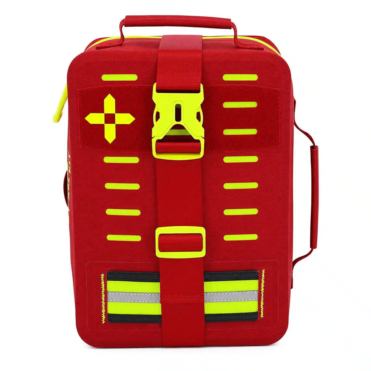 Red waterproof first aid case, closed front with a hi-vis yellow cross, side-release buckle strap and reflective stripe