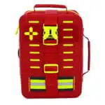 Red waterproof first aid case, closed front with a hi-vis yellow cross, side-release buckle strap and reflective stripe