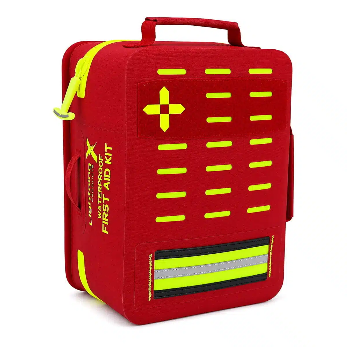 Red waterproof first aid case at an angle, closed, showing the hi-vis yellow cross, MOLLE slots and reflective stripe