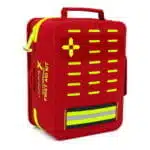 Red waterproof first aid case at an angle, closed, showing the hi-vis yellow cross, MOLLE slots and reflective stripe