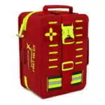 Red waterproof first aid case, three-quarter closed view with hi-vis yellow cross, buckle strap and reflective stripe