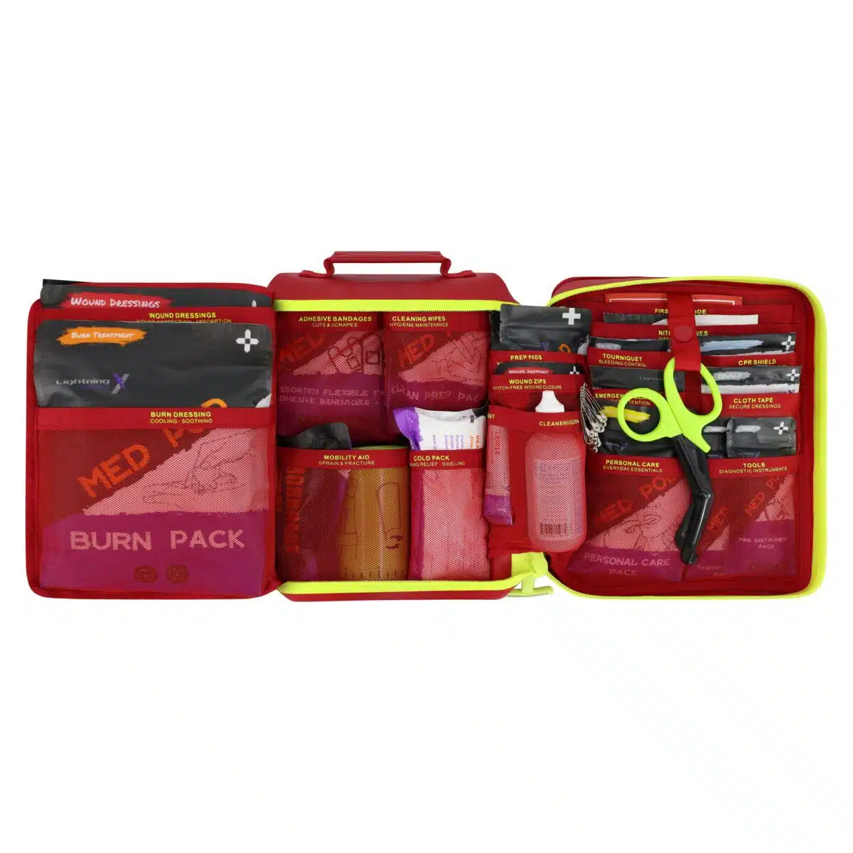 Red waterproof first aid case laid open, showing color-coded trauma and burn supplies in labeled mesh pockets