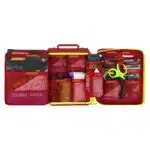 Red waterproof first aid case laid open, showing color-coded trauma and burn supplies in labeled mesh pockets